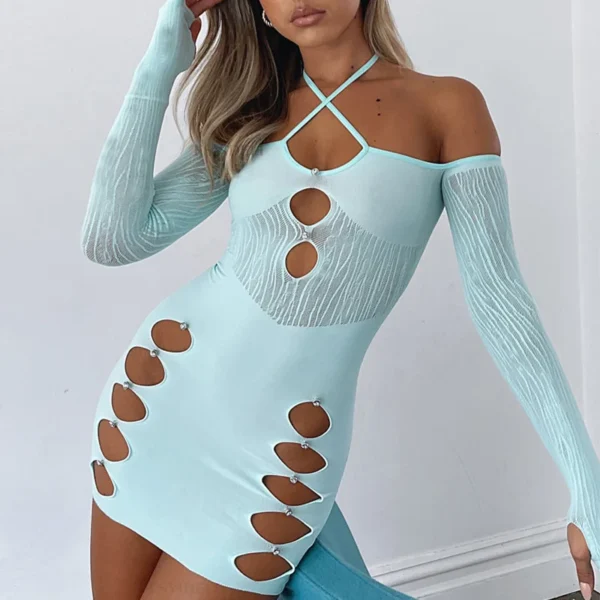 Halter Long Sleeve Hollowed Out Bodycon Dress