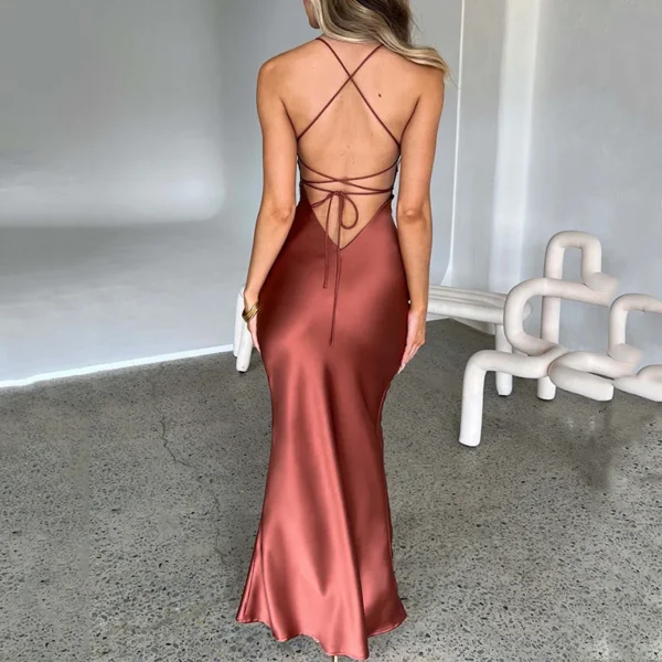 Satin Floor-Length Spaghetti Straps Backless Party Dress