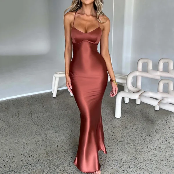 Satin Floor-Length Spaghetti Straps Backless Party Dress