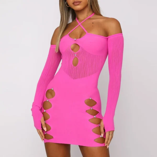 Halter Long Sleeve Hollowed Out Bodycon Dress