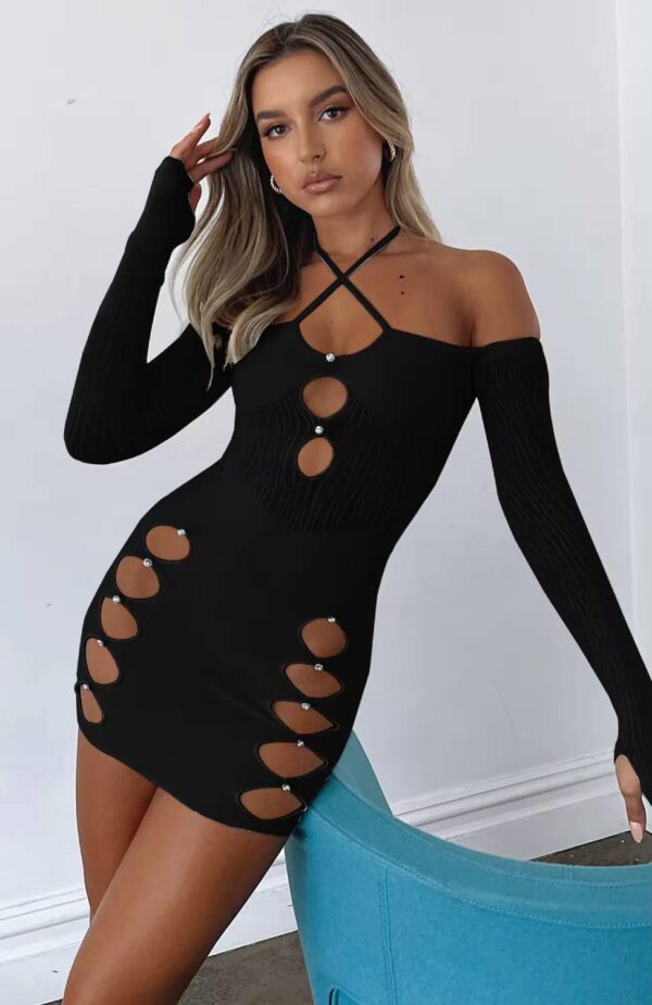 Halter Long Sleeve Hollowed Out Bodycon Dress