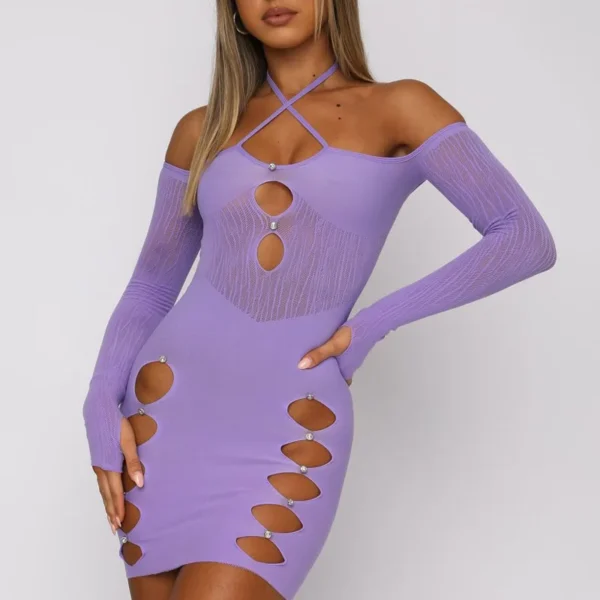 Halter Long Sleeve Hollowed Out Bodycon Dress